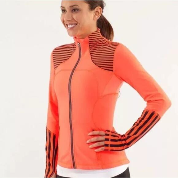 Lululemon Full Zip Forme Jacket Black Orange Size 8 stripe thumb hole running - Picture 2 of 10